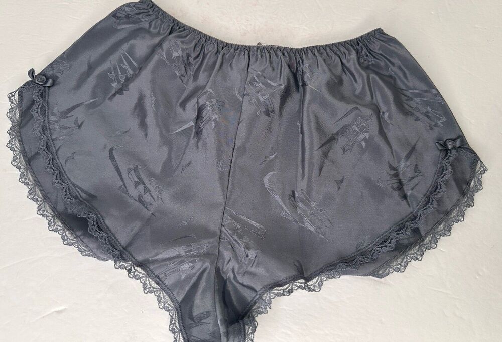 Vintage Maidenform Panty Satin  5 Small Lace Hi Cut Tap Short Sz 5 Gray Bows